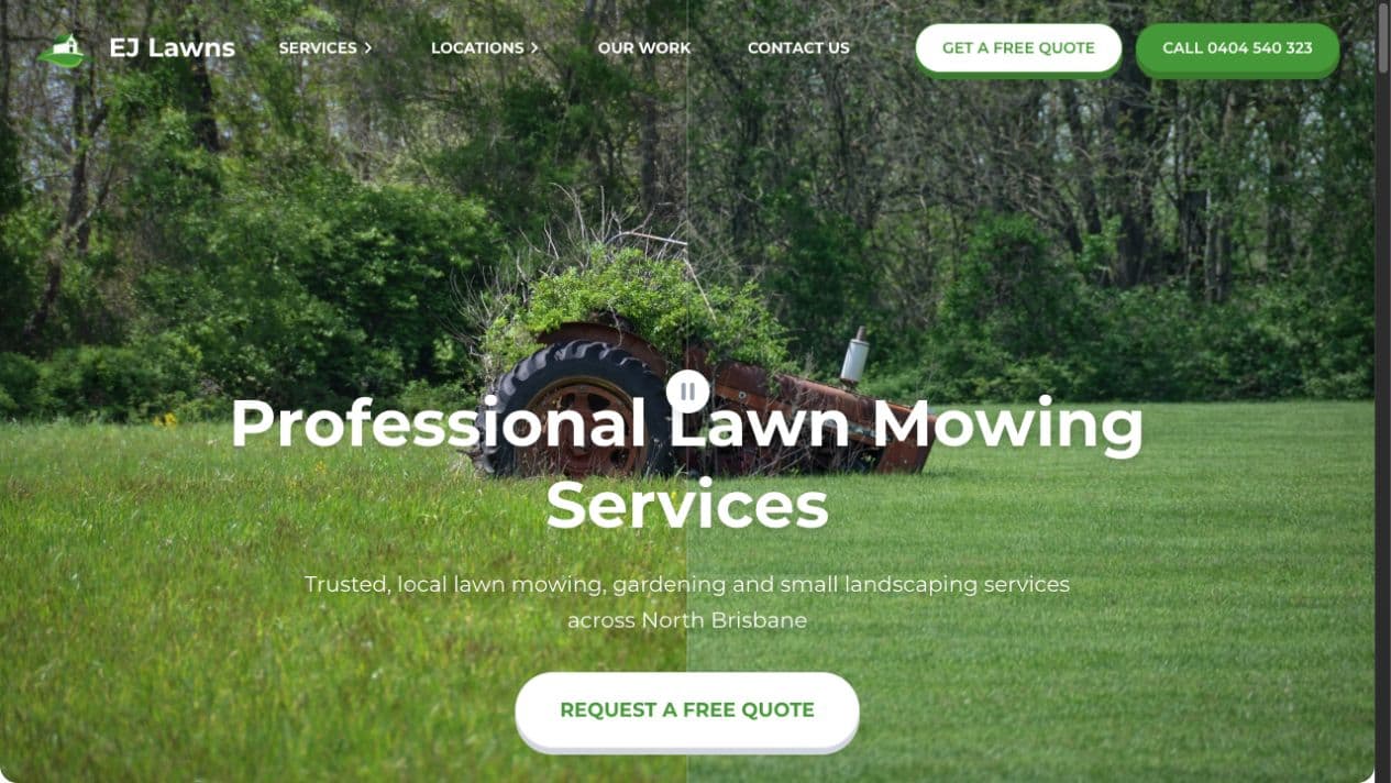 EJ Lawns homepage with lawn-care services and a quote button.