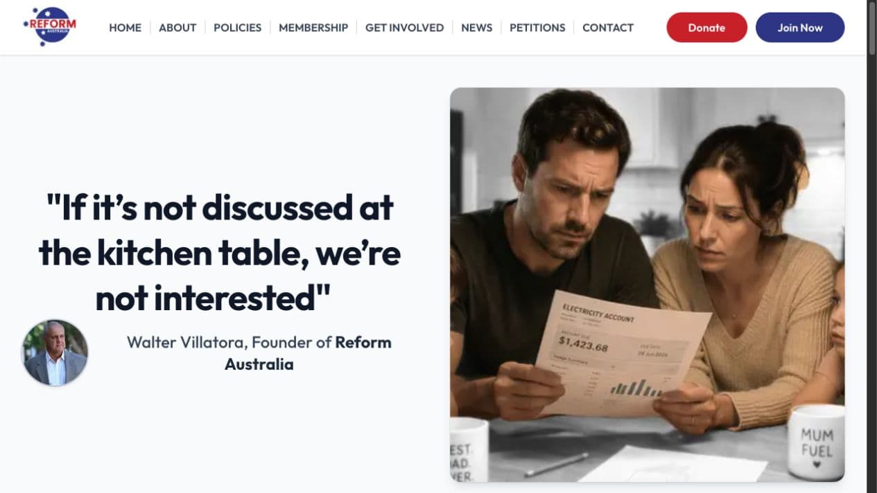 Reform Australia homepage with its navigation and kitchen-table image.
