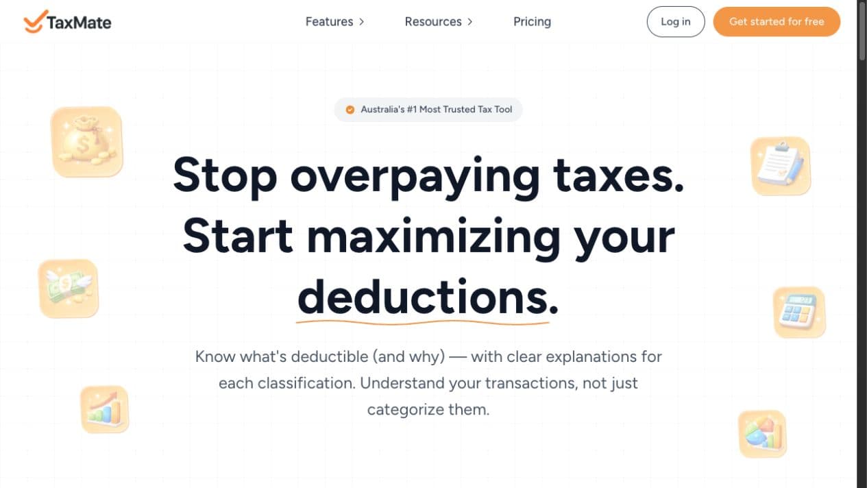 TaxMate homepage introducing its AI expense and deduction tools.